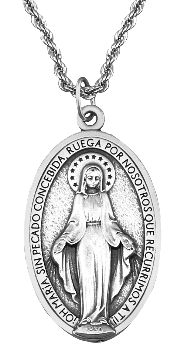 (Artículo en español) Medalla Milagrosa grande con cadena entrelazada