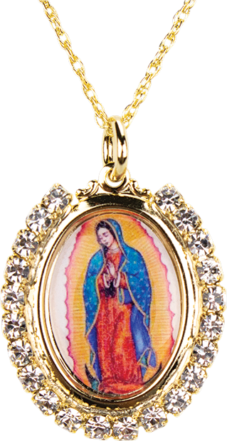 (Artículo en español) Colgante de Guadalupe con piedras de cristal