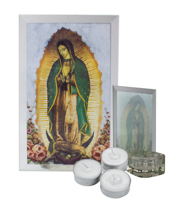 (Artículo en español) Imagen de vidrio de Guadalupe para veladora