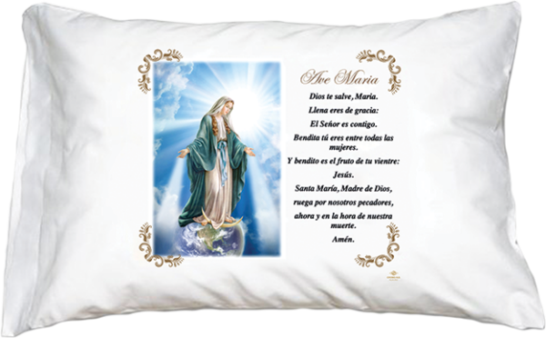 (Artículo en español) Funda de almohada de la Virgen con oración